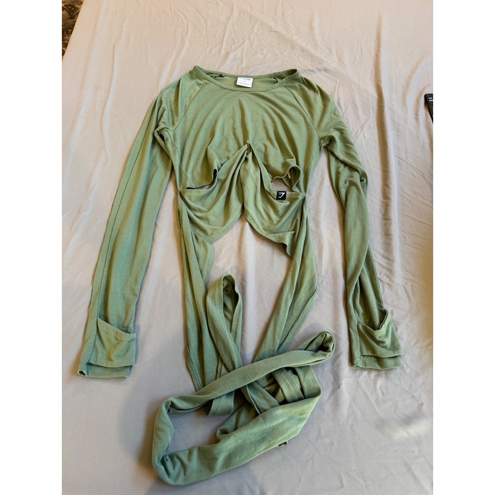 Gymshark Women Sage Green Long Sleeve Wrap Tie Crop Top Small Activewear Cutout